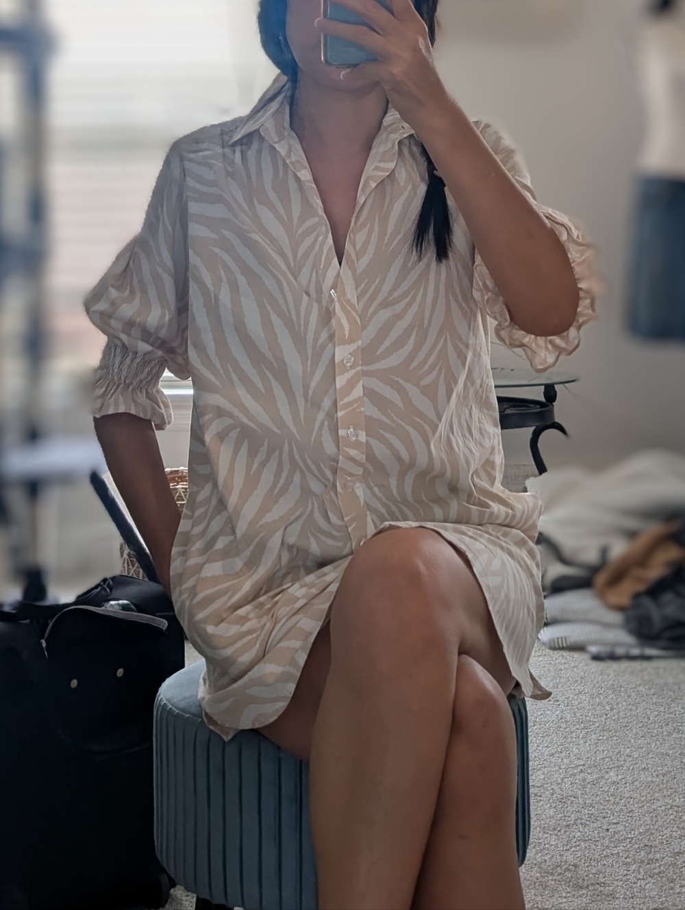 Finley Miller Neutral Zebra-Print Button-Front Shirt Dress With Side Pockets - Picture 5 of 5